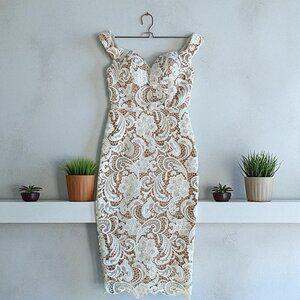 SISTARESS White Lace Nude Lined MIDI Weddjng Cocktail Dress Size Small